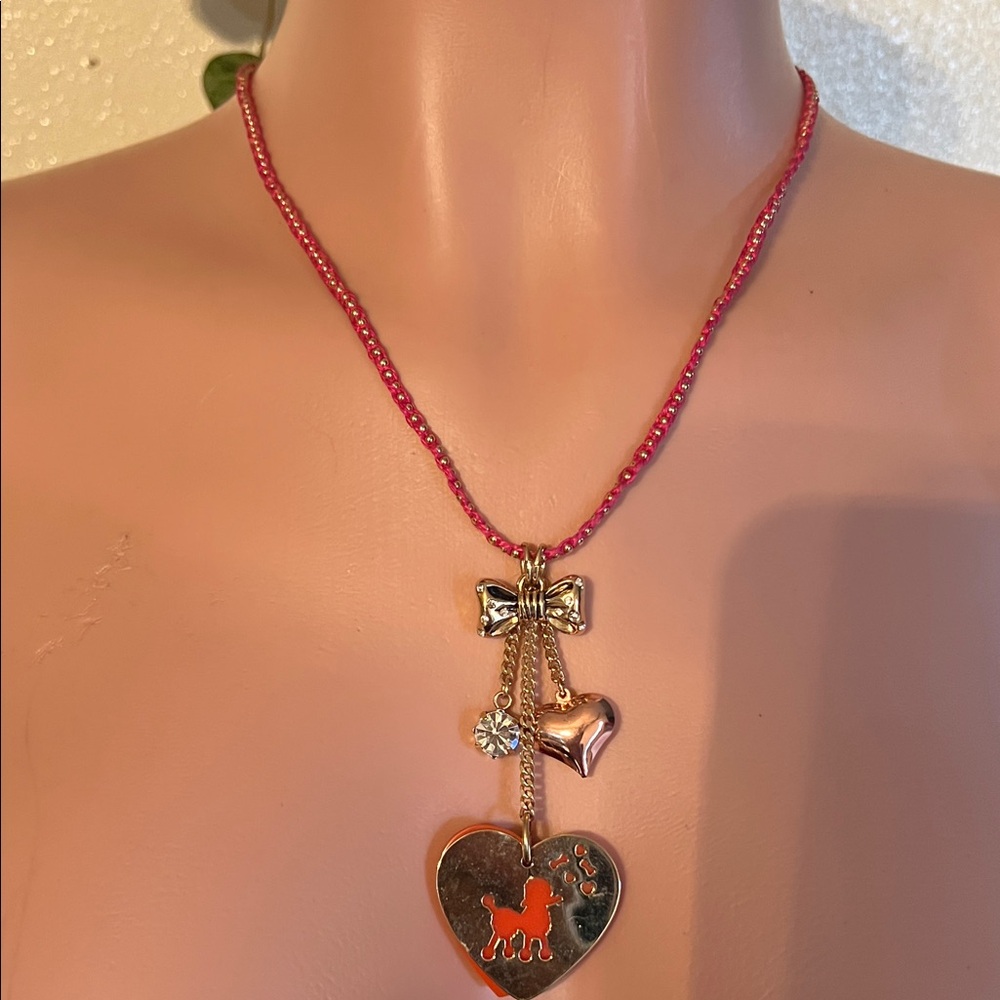 Betsey Johnson Gold Bow & Heart Poodle Pendant Necklace with Pink Beaded Chain